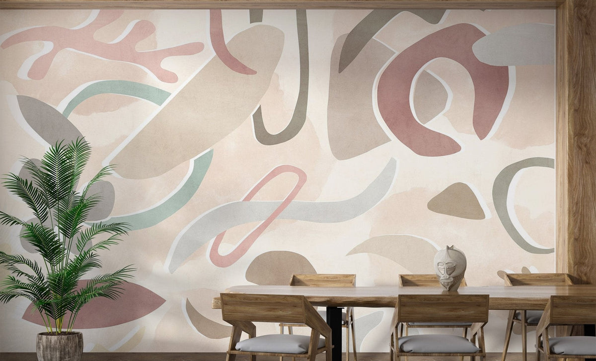 Pastel colored geometric forms wall mural for contemporary dining room.