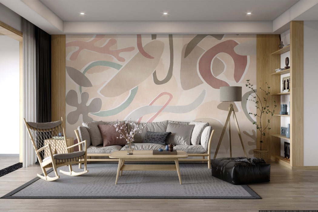 Muted green and pink organic forms in this modern living room wall mural.