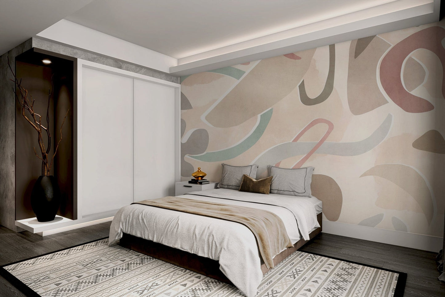 Contemporary wall mural with abstract overlapping shapes in warm neutrals.