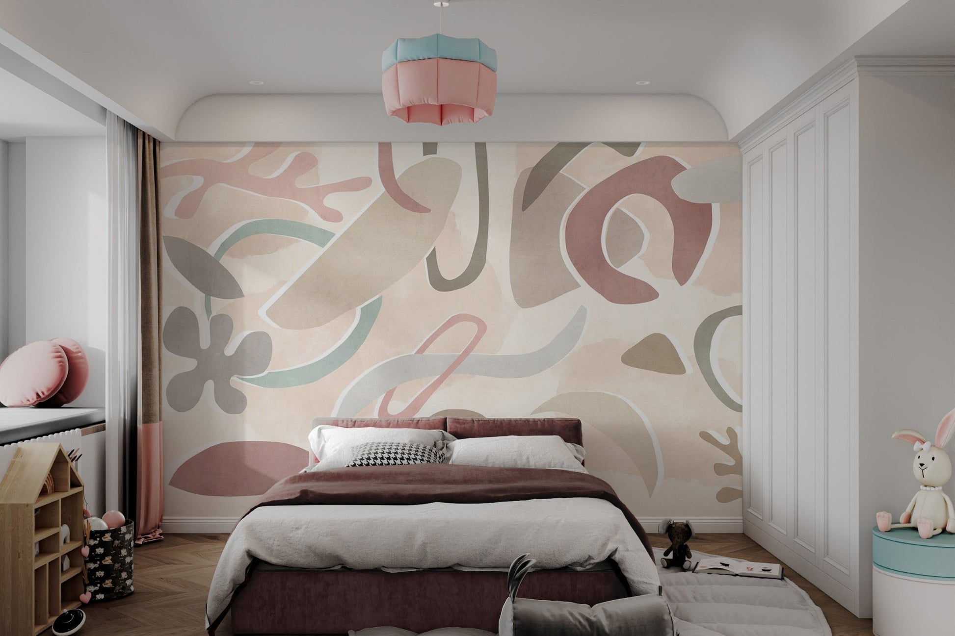 Scandinavian style abstract wall mural with soft organic curved elements.