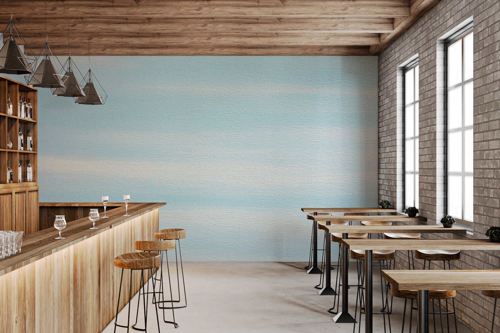 Soft pastel sky wallpaper with light blue and white clouds in a minimalist lounge.