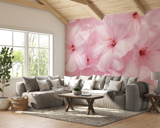 Aesthetic floral wall mural with subtle blush pink highlights.