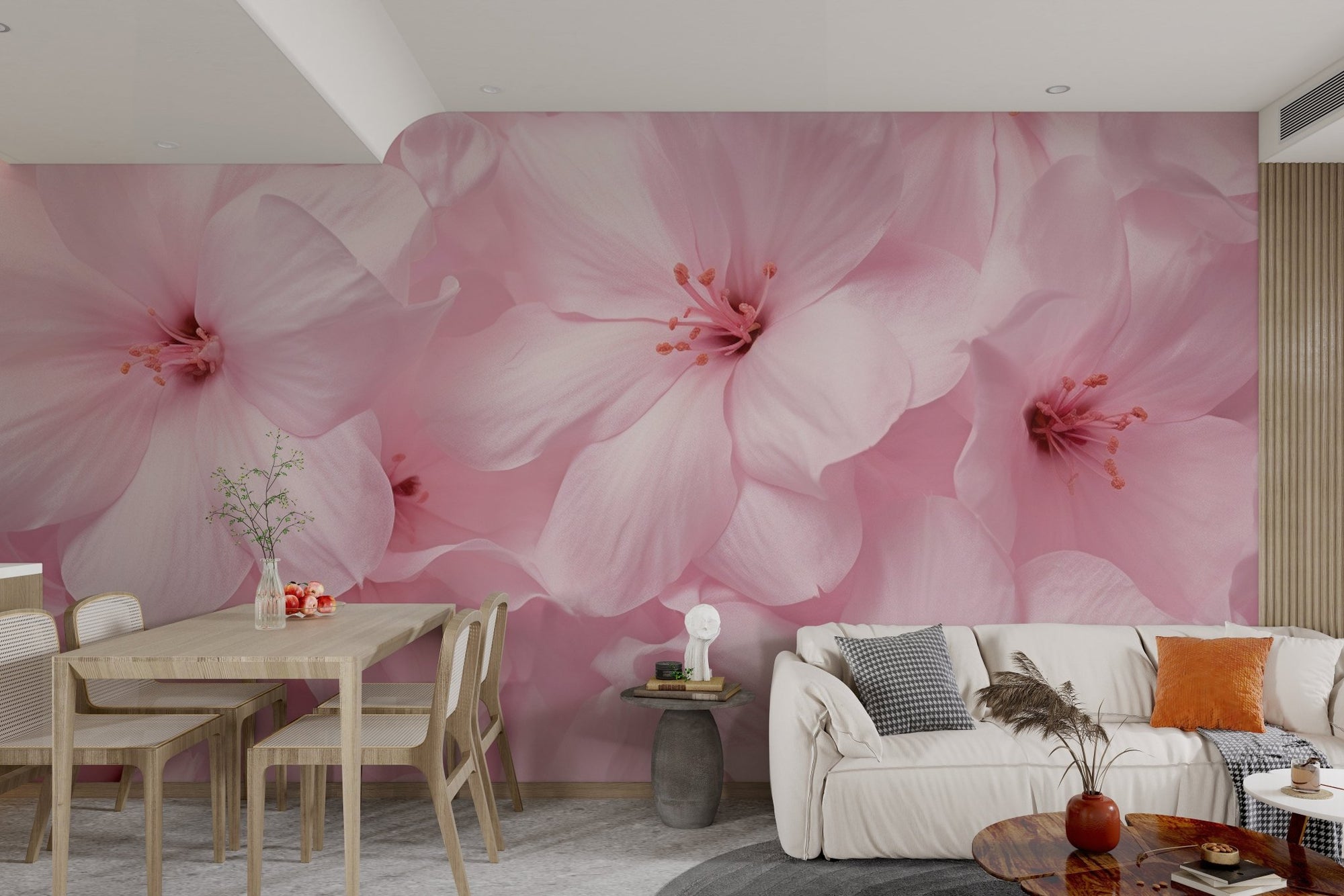 Layered soft pink blossom wallpaper with delicate floral petals.
