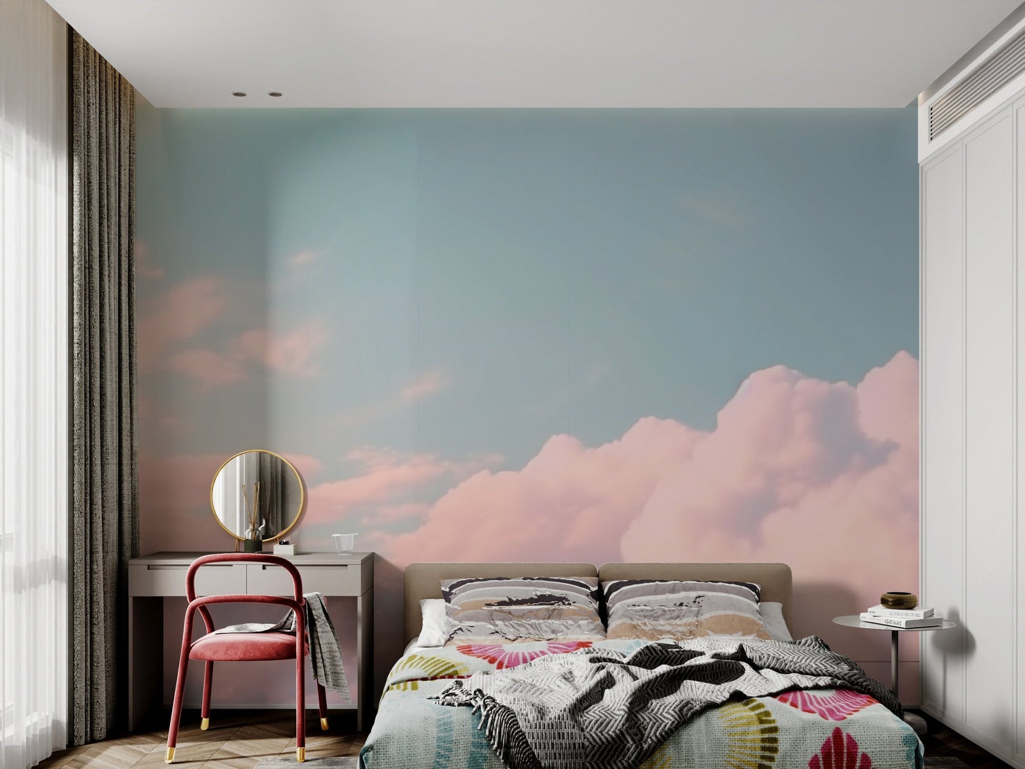 Soft pink cloud wallpaper with pastel blue sky background for feature wall.