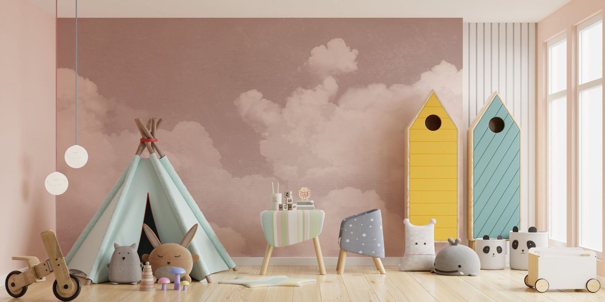 Subtle rose sky wallpaper mural with airy cloud detailing.