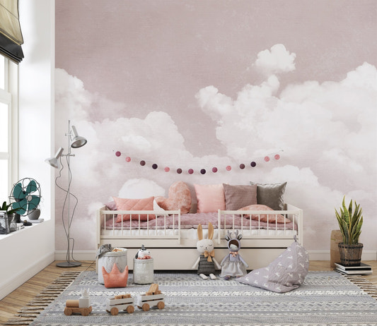 Soft pink clouds wall mural in pastel sky color modern wallpaper.