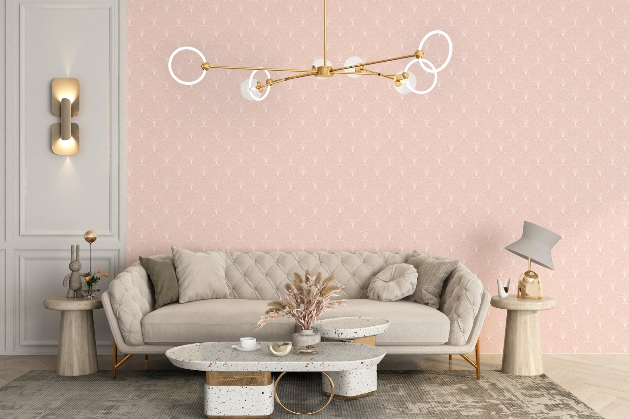 Soft Pink Deco Splendor Wallpaper in modern living room with beige sofa and gold lamp.