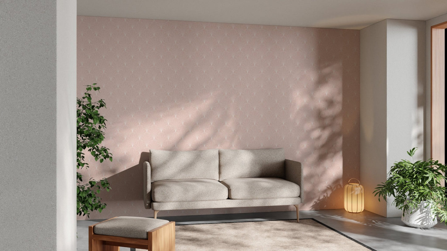 Elegant soft pink wallpaper with deco pattern
