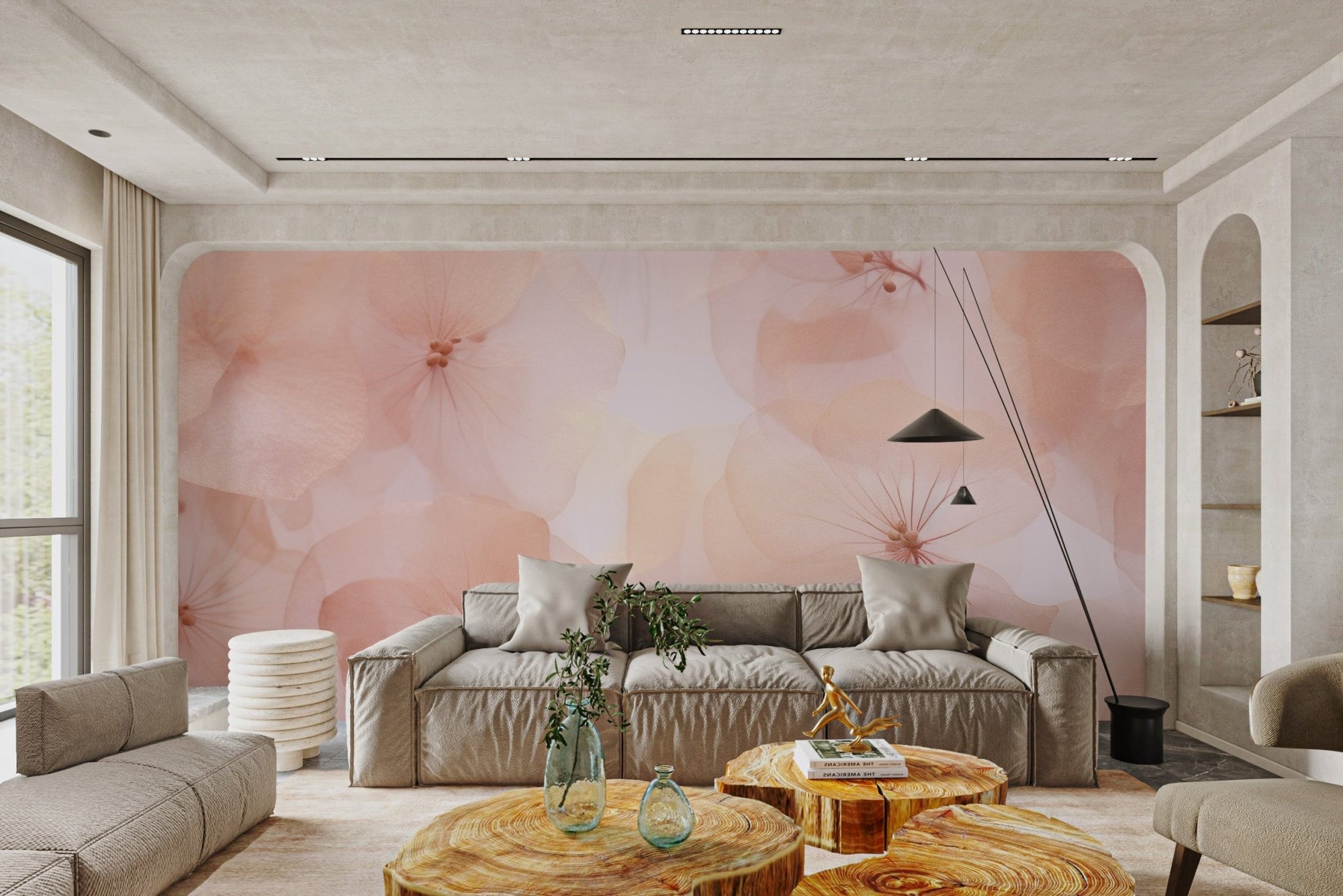 Soft pink floral blossom wallpaper with delicate translucent petals.