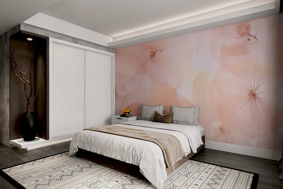 Elegant peach tinted floral wall mural in a vintage botanical style.