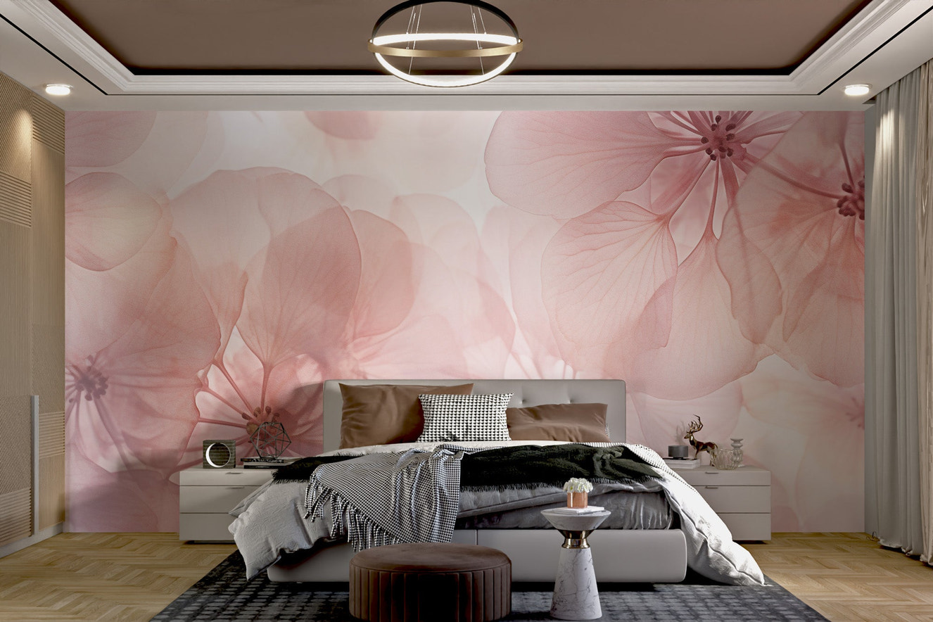 Ethereal botanical pink wall mural featuring delicate blossom details.