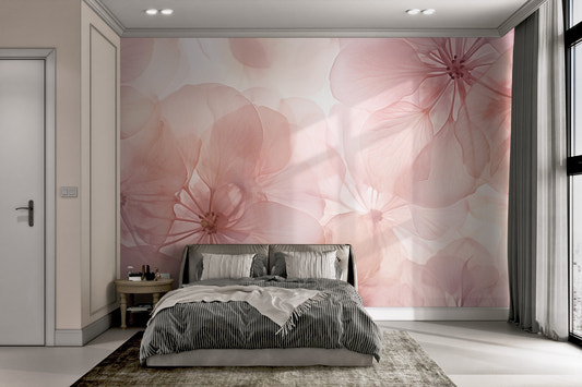 Soft pink floral wallpaper with translucent layered petals.