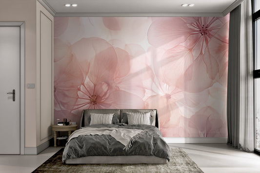 Soft pink floral wallpaper with translucent layered petals.