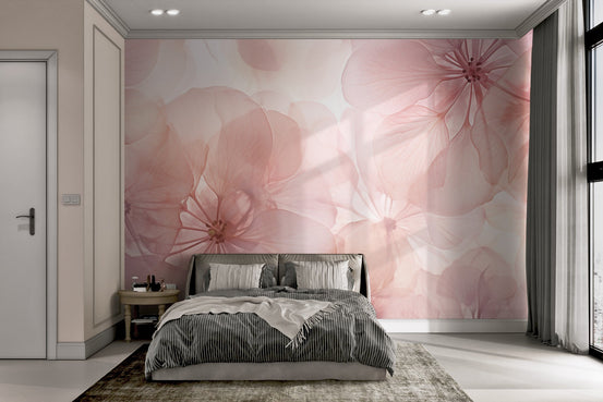 Soft pink floral wallpaper with translucent layered petals.