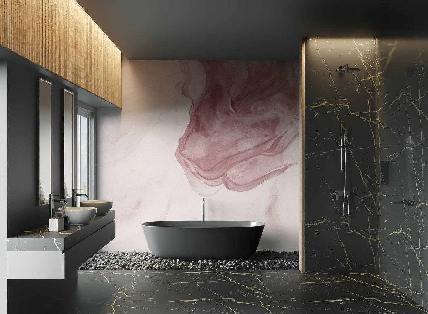 Pastel pink layered pigment wall mural for a modern bathroom.