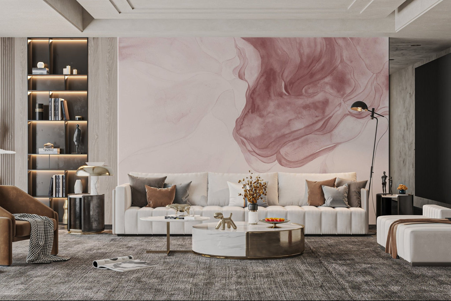 Flowing peach and pink marble effect wall mural for contemporary living area
