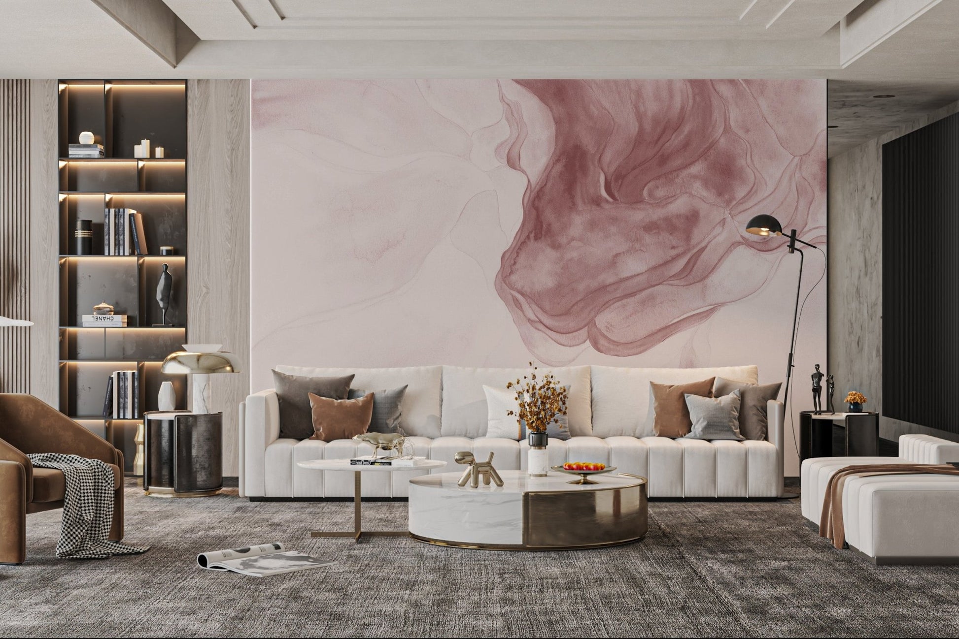Flowing peach and pink marble effect wall mural for contemporary living area