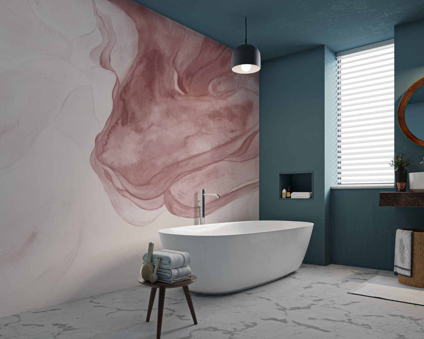 Subtle blush tones in a Soft Pink Pattern Wall Mural for bright bathroom.