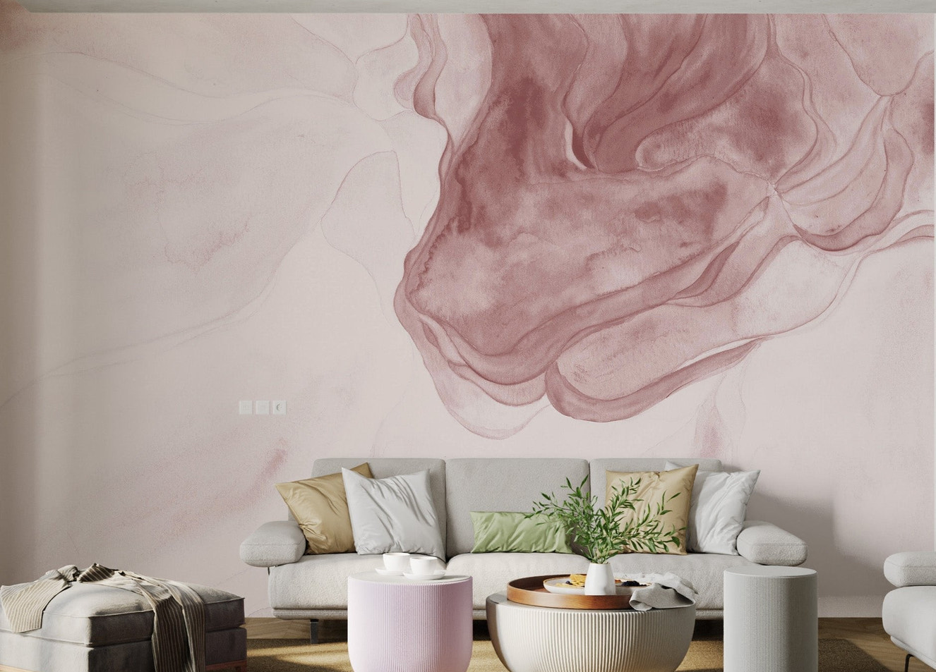 Light pink abstract watercolor wall mural for a living room vertical surface.