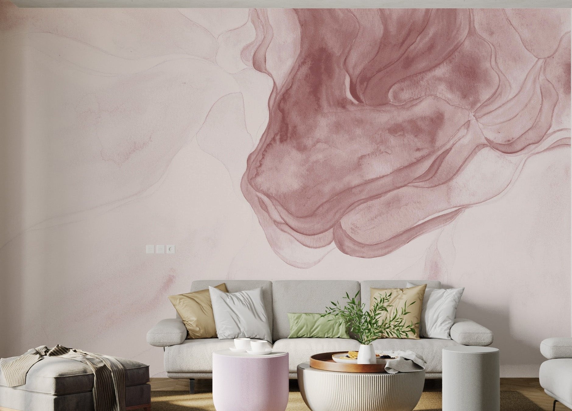 Light pink abstract watercolor wall mural for a living room vertical surface.