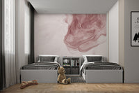 Light rose ink wash wall mural suitable for a minimalist twin bedroom.