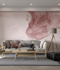 Abstract swirled ink wall mural with light pink and white color palette.