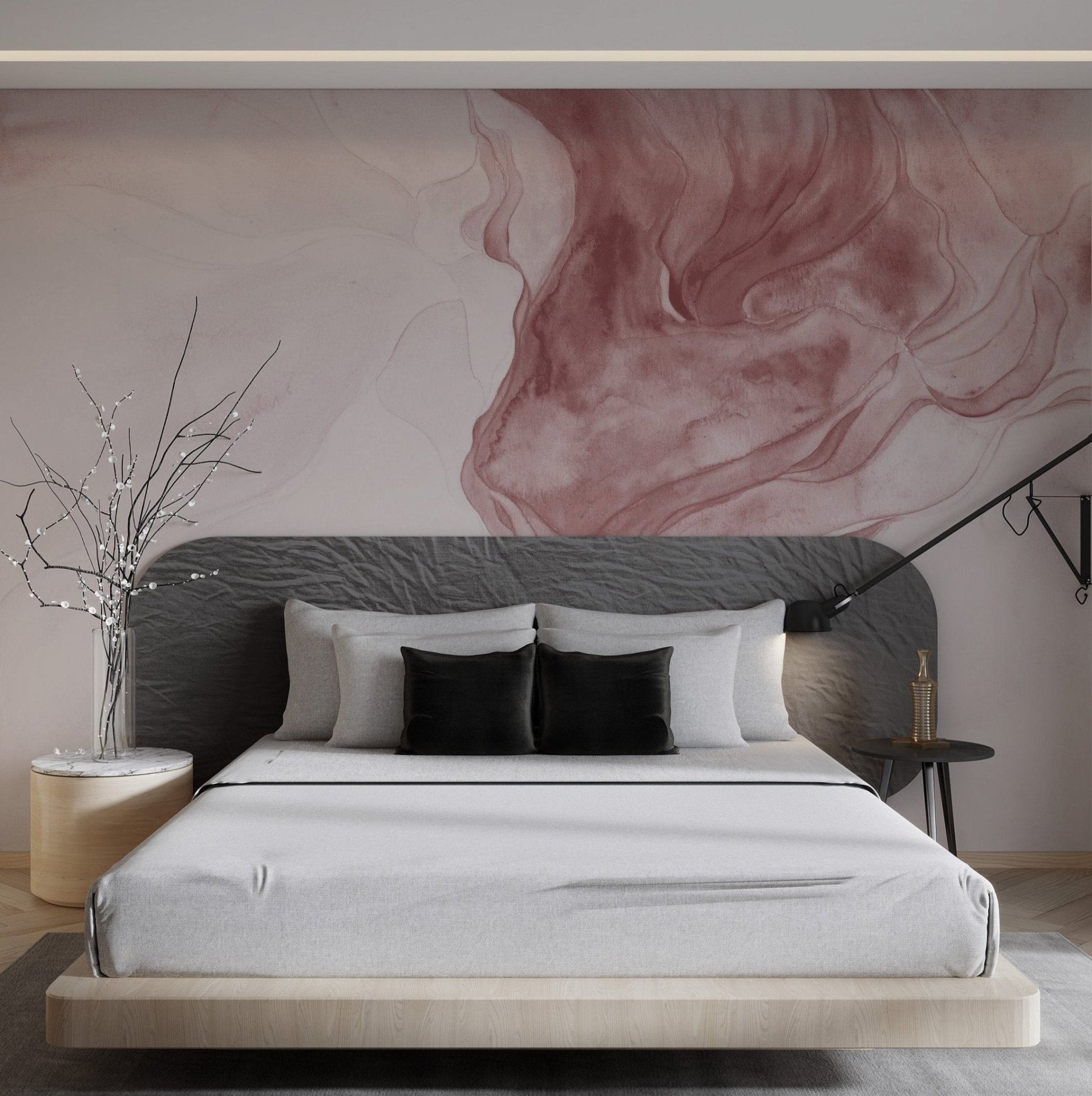 Rose gold hues in an abstract fluid art wall mural for bedroom interior.