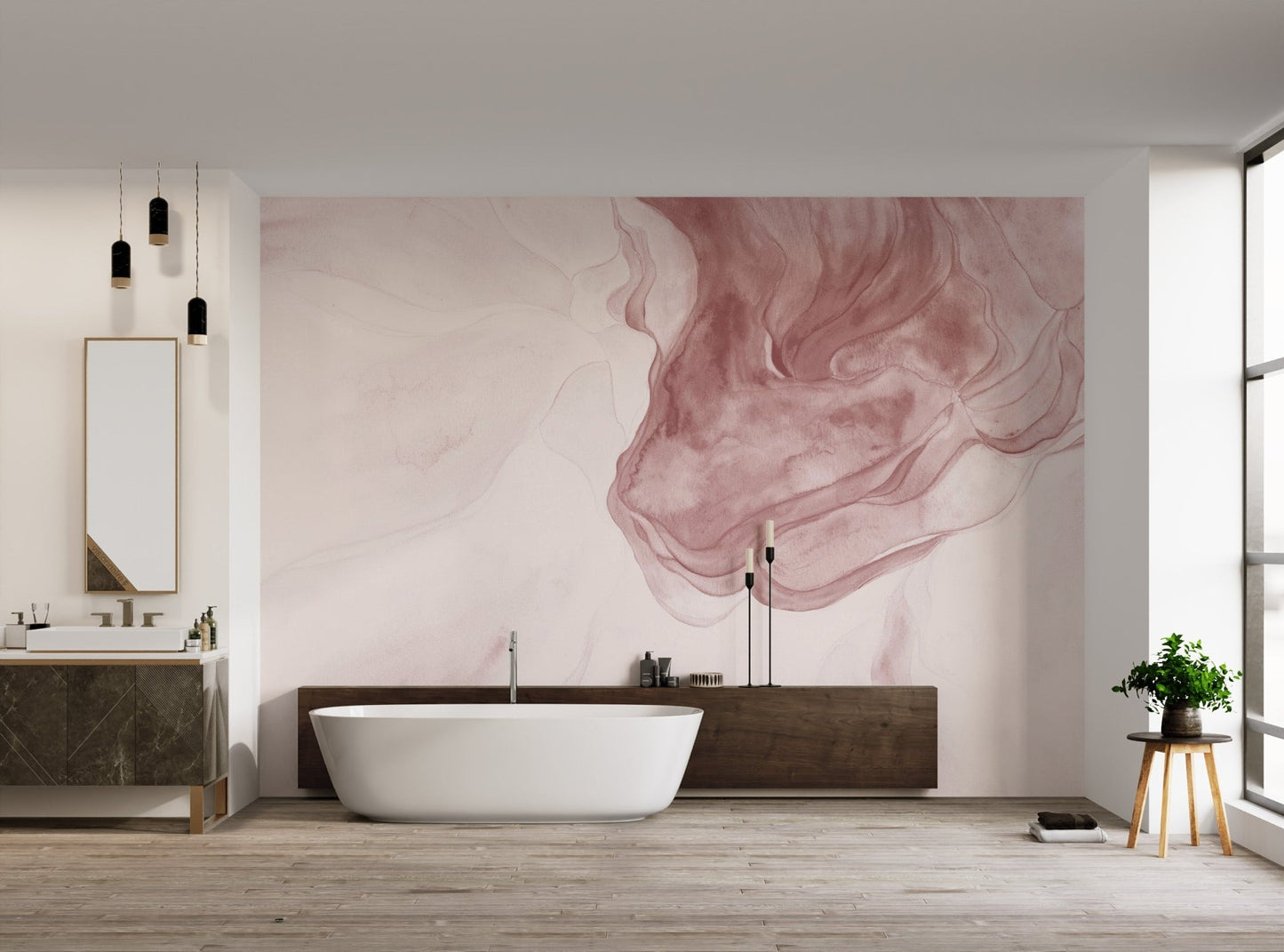 Soft pink fluid art wall mural for a modern bathroom backdrop.