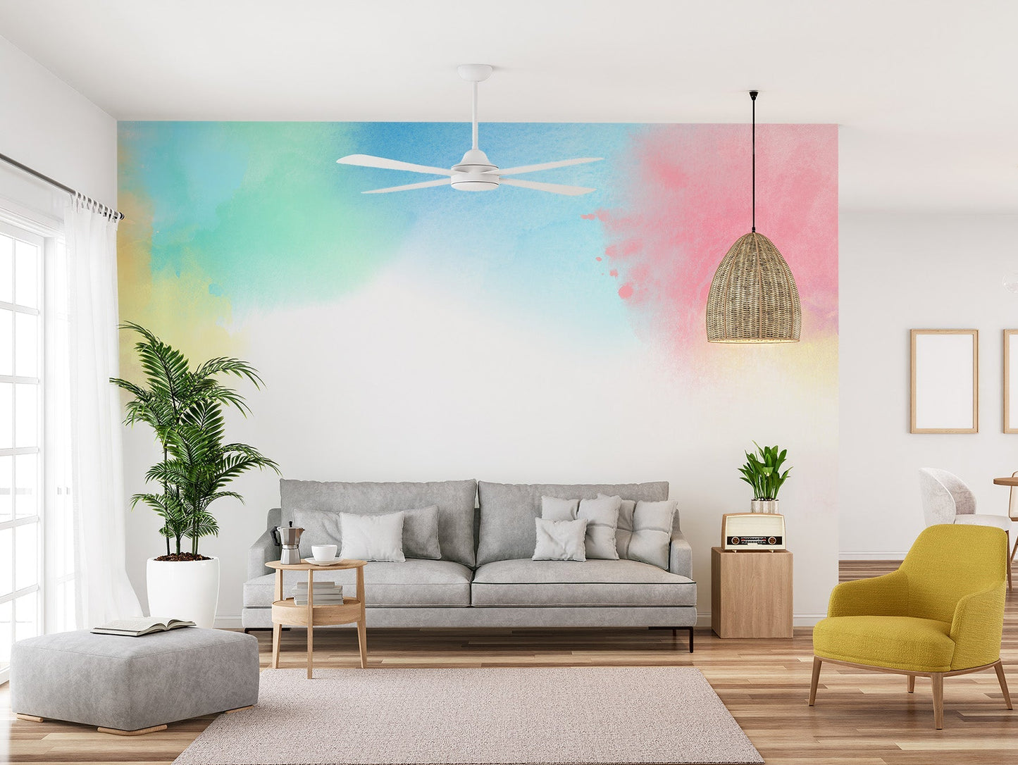 Artistic rainbow gradient mural wallpaper in muted pastel tones.