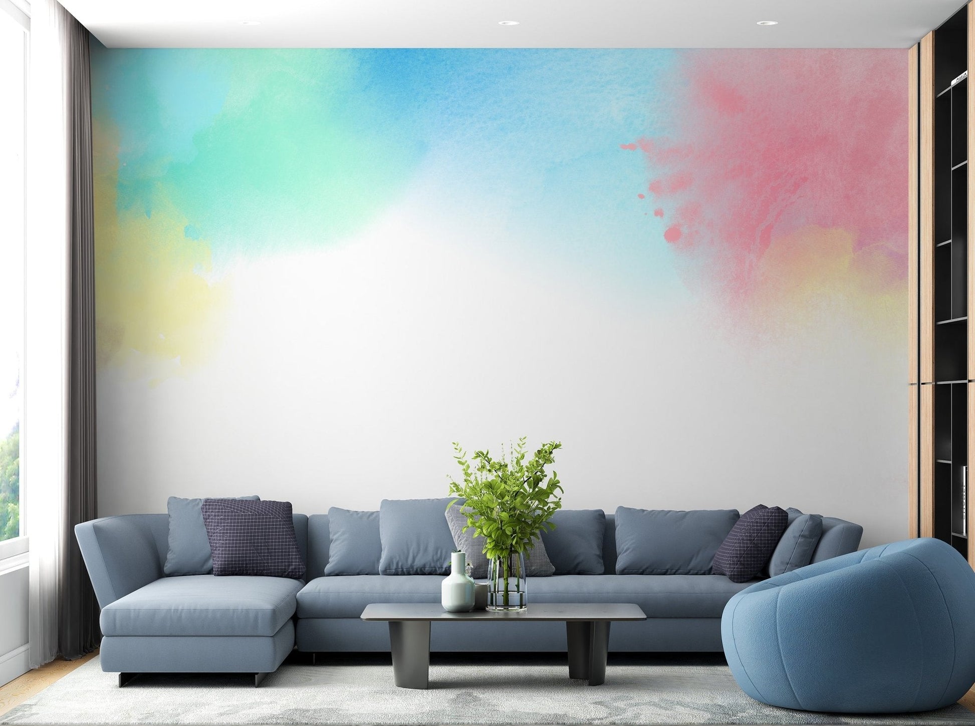 Contemporary rainbow wall mural in blush and aqua shades.