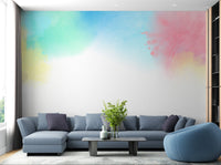 Contemporary rainbow wall mural in blush and aqua shades.