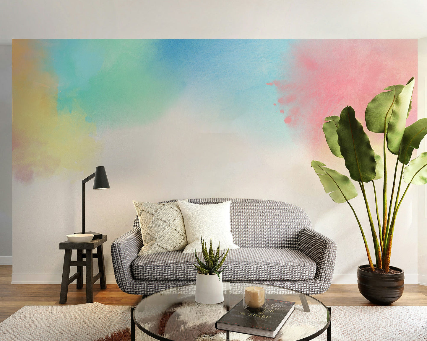 Dreamy watercolor wall mural with soft rainbow color flow.