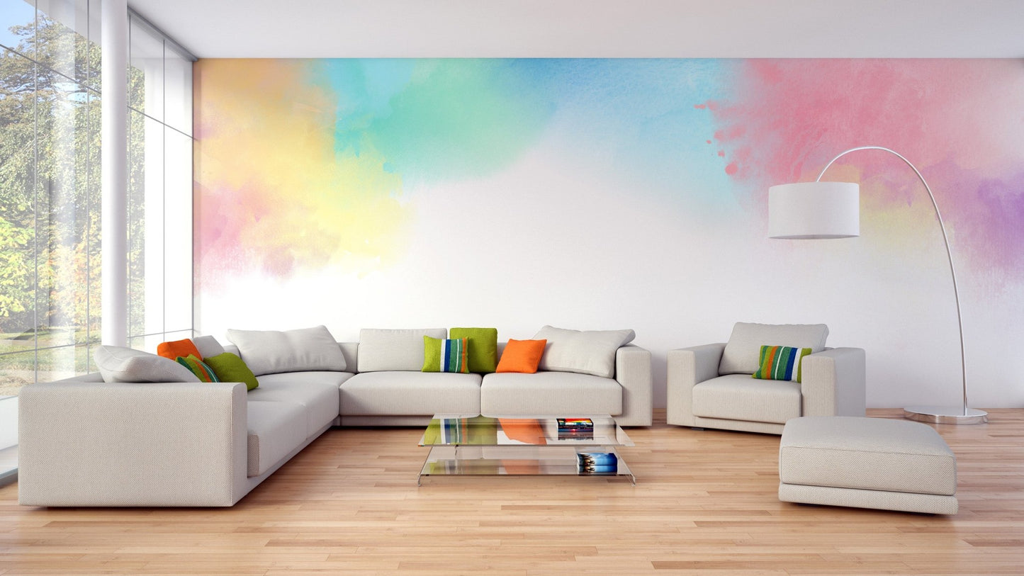 Modern rainbow gradient wall mural in soft pink and blue tones.