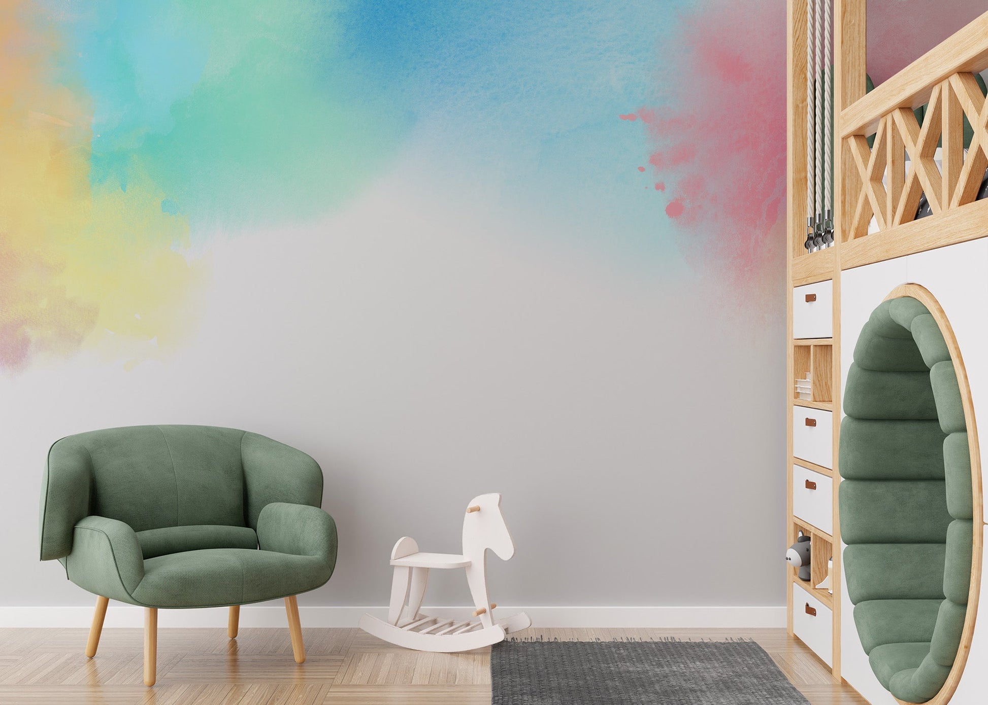 Abstract pastel color wall mural with yellow and teal wash.