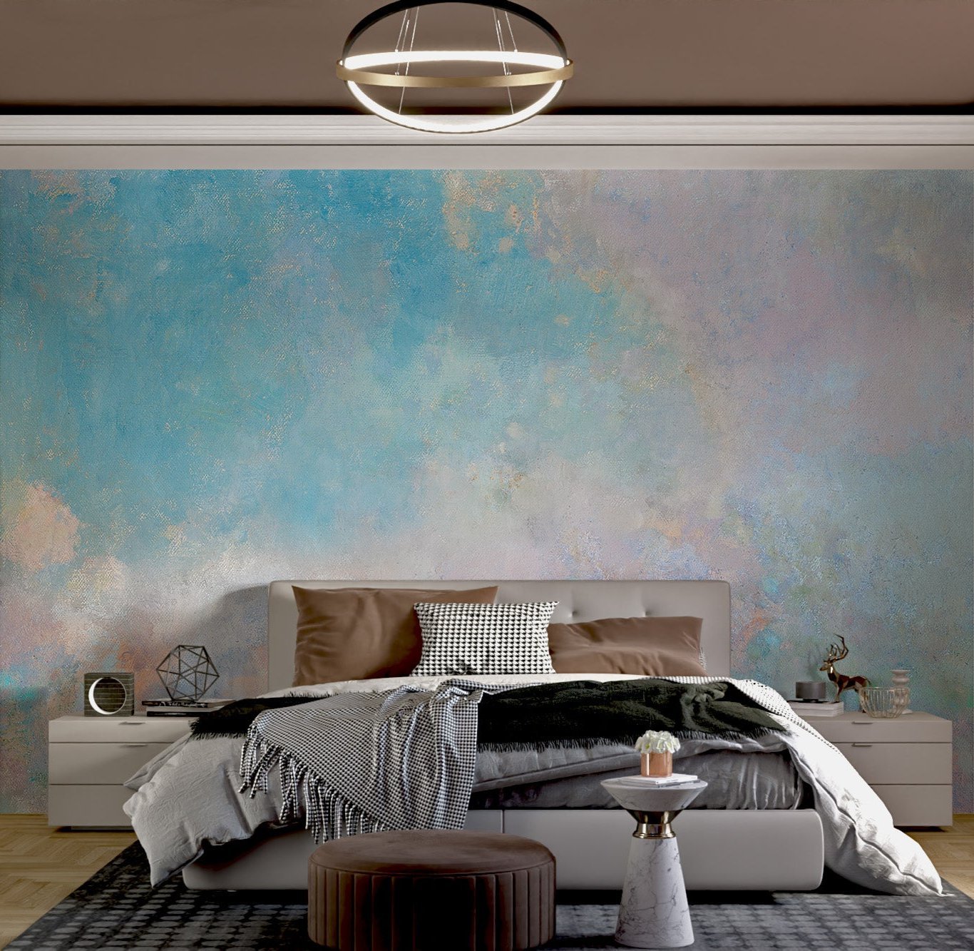 Abstract painted sky wall mural featuring pastel color tone for bedroom 