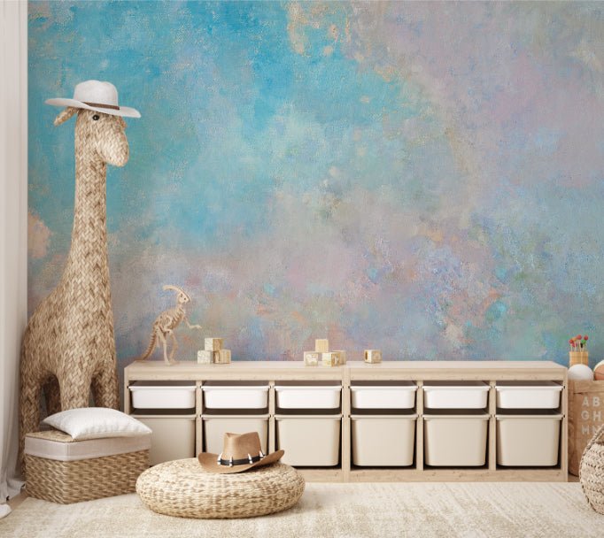Textured sky design wall mural in pink an white tone for nursery.