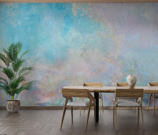 Cloud texture wall mural providing a painted aesthetic for dining room.