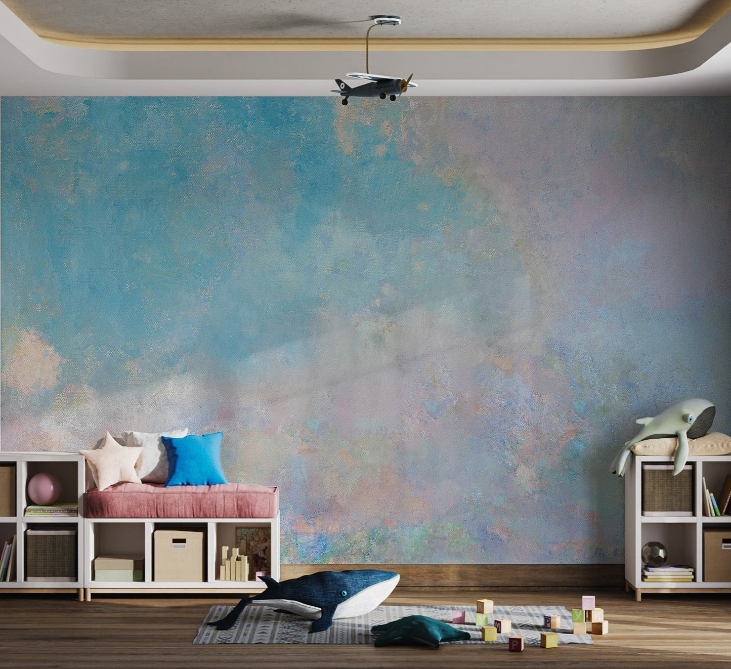 Textured light blue wall mural designed for contemporary playroom.