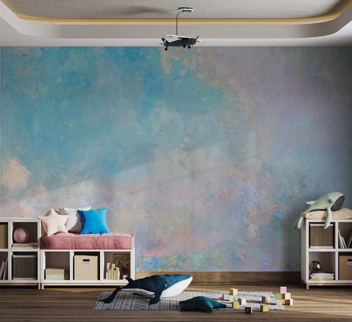 Textured light blue wall mural designed for contemporary playroom.