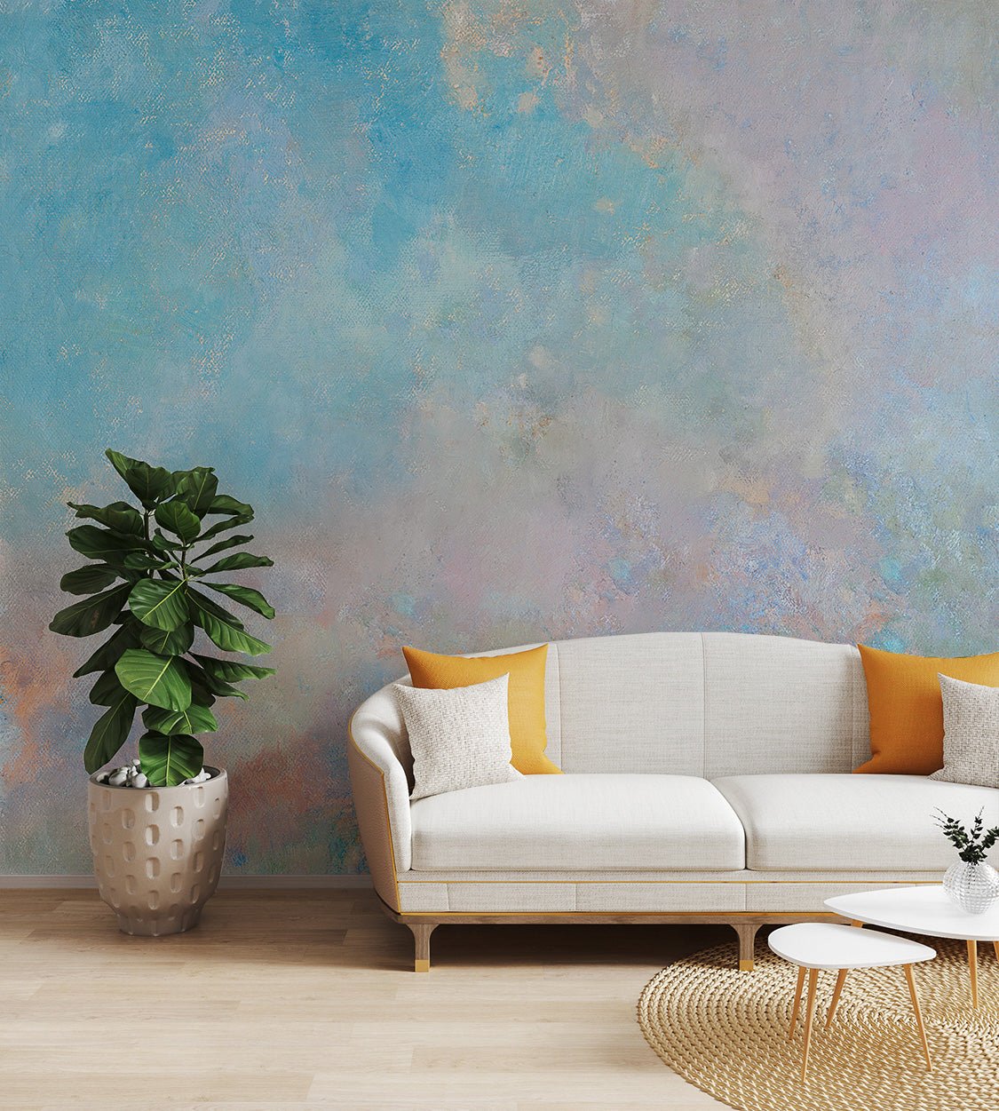 Abstract art wall mural in light color palette for residential living areas.