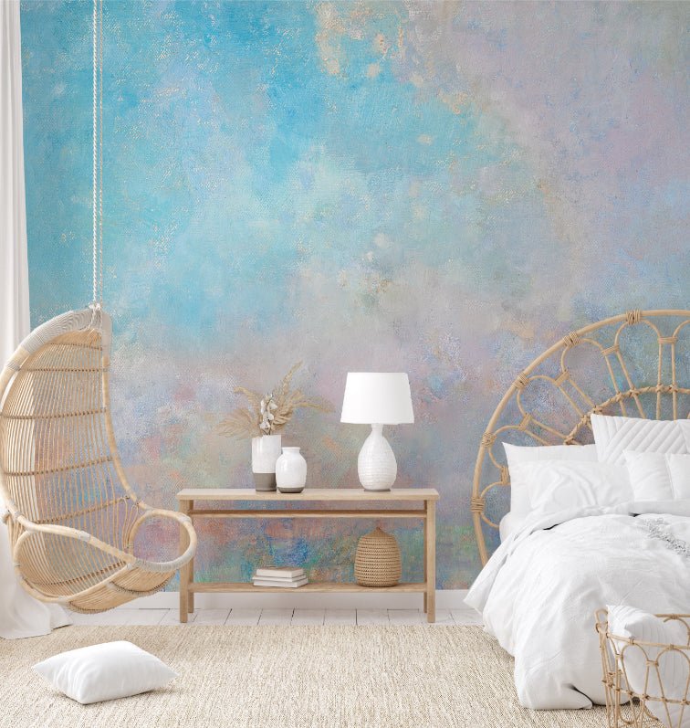 Abstract cloud painting wall mural in sky texture for bright bedroom.