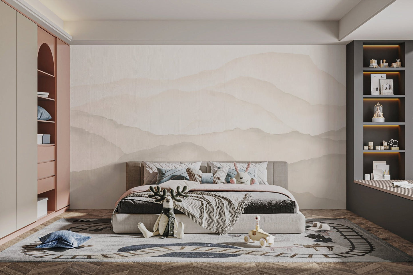 Soft desert tone mountain wall mural with blended gradients.