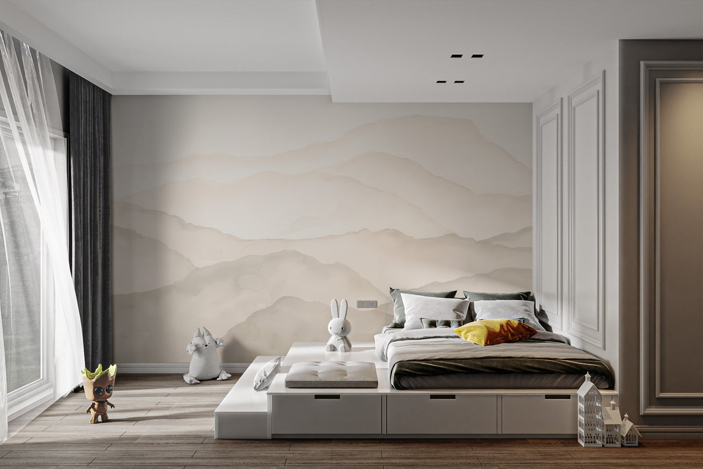 Layered mountain silhouette wall mural in warm neutral color.