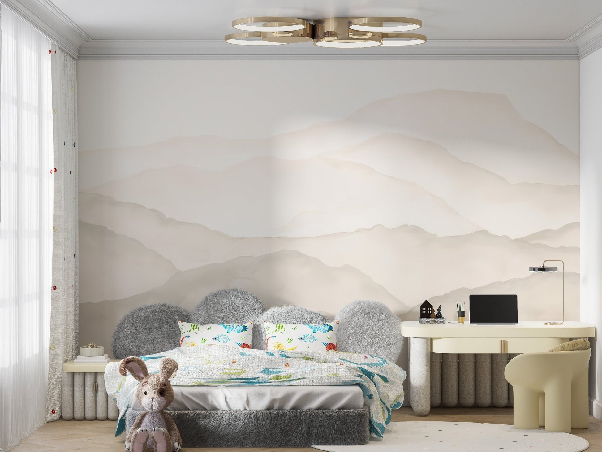 Serene landscape peaks wallpaper mural with soft brown and ivory hues.