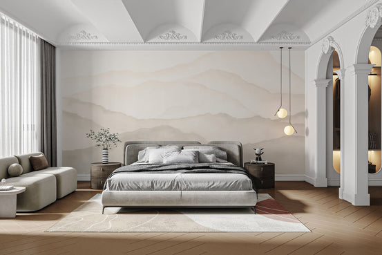 Soft toned peaks wallpaper mural in beige watercolor mountain design.