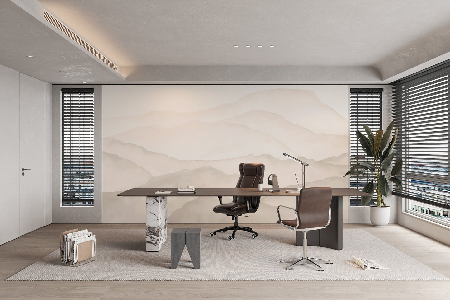 Soft watercolor peaks wall mural with modern neutral palette.