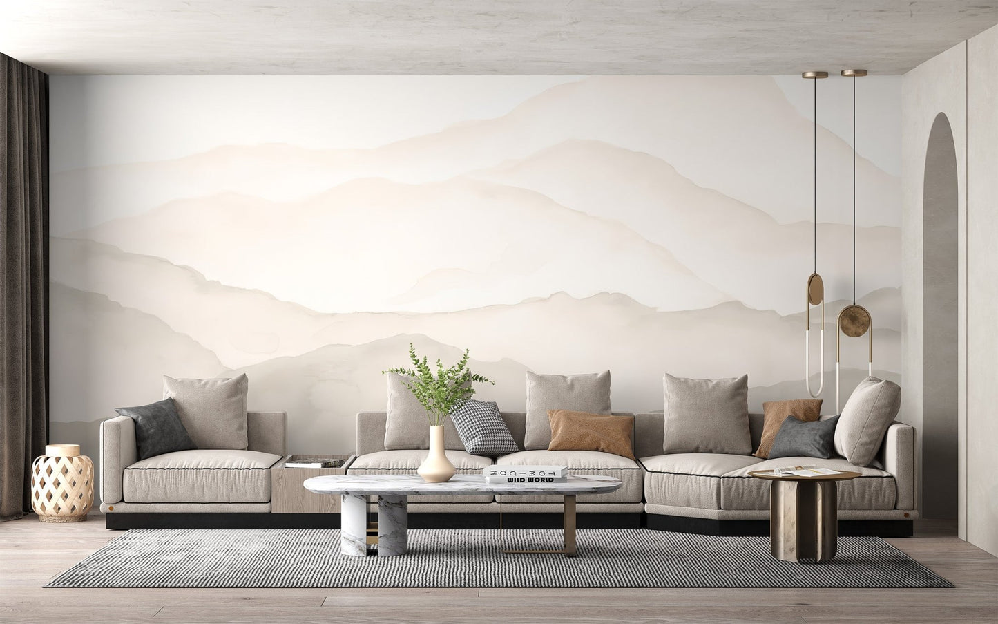 Scenic mountain range wallpaper mural in light taupe shades.