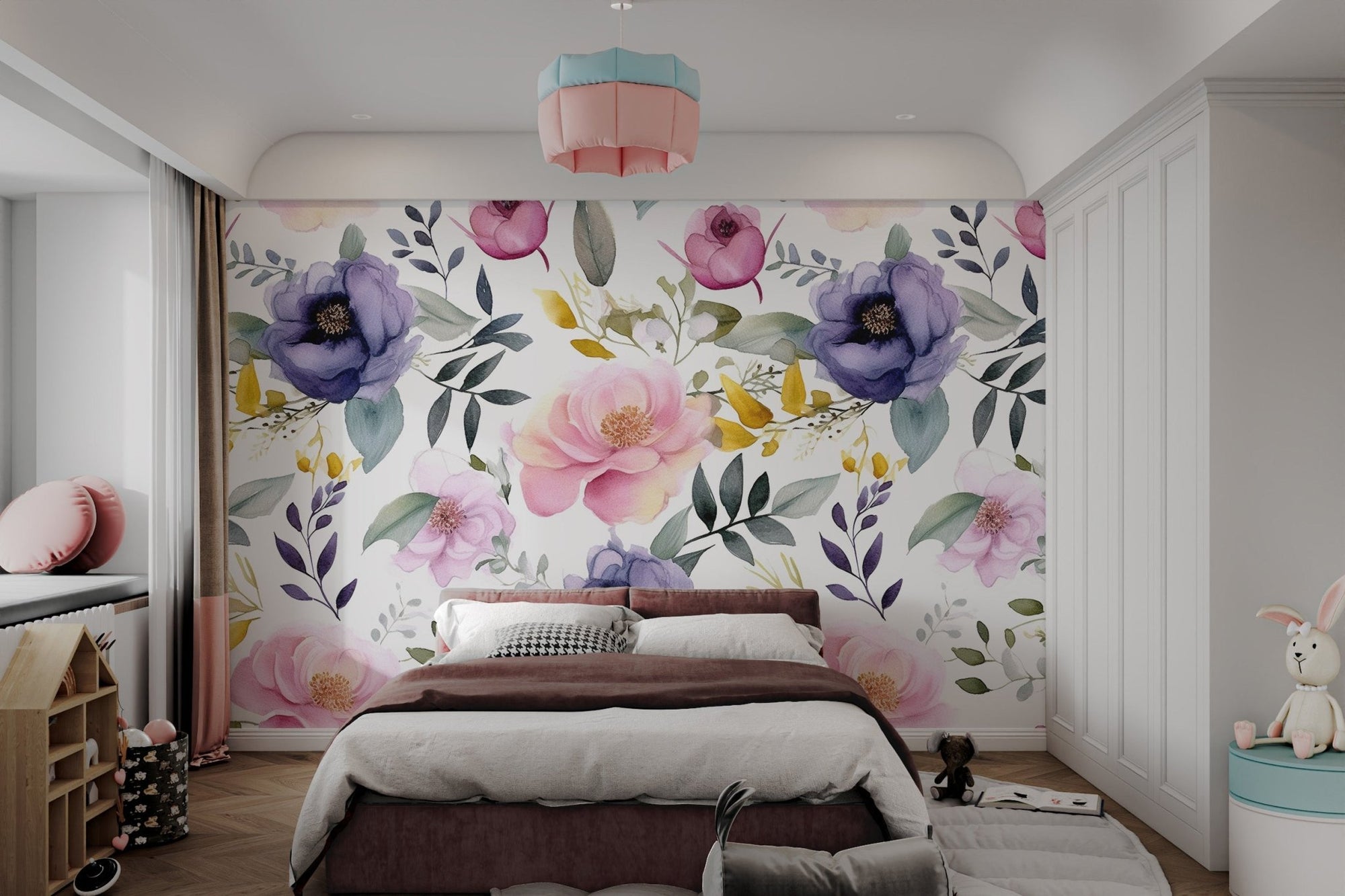 Soft watercolor flower wallpaper with pink and purple peonies.