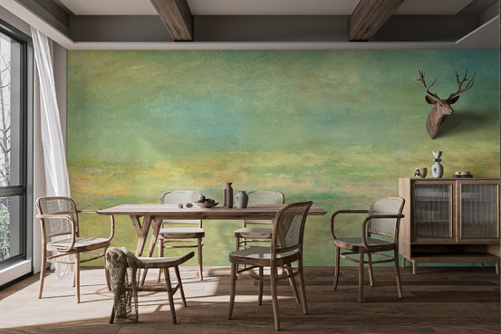 Soft watercolor misty meadow wallpaper in a peaceful landscape style.
