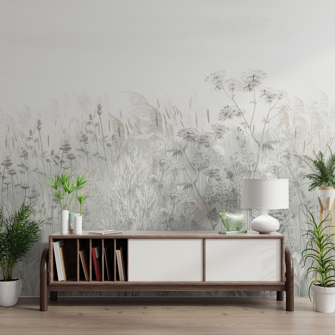 Soft Wildflower Fields wall mural for bright and airy hallway interiors.